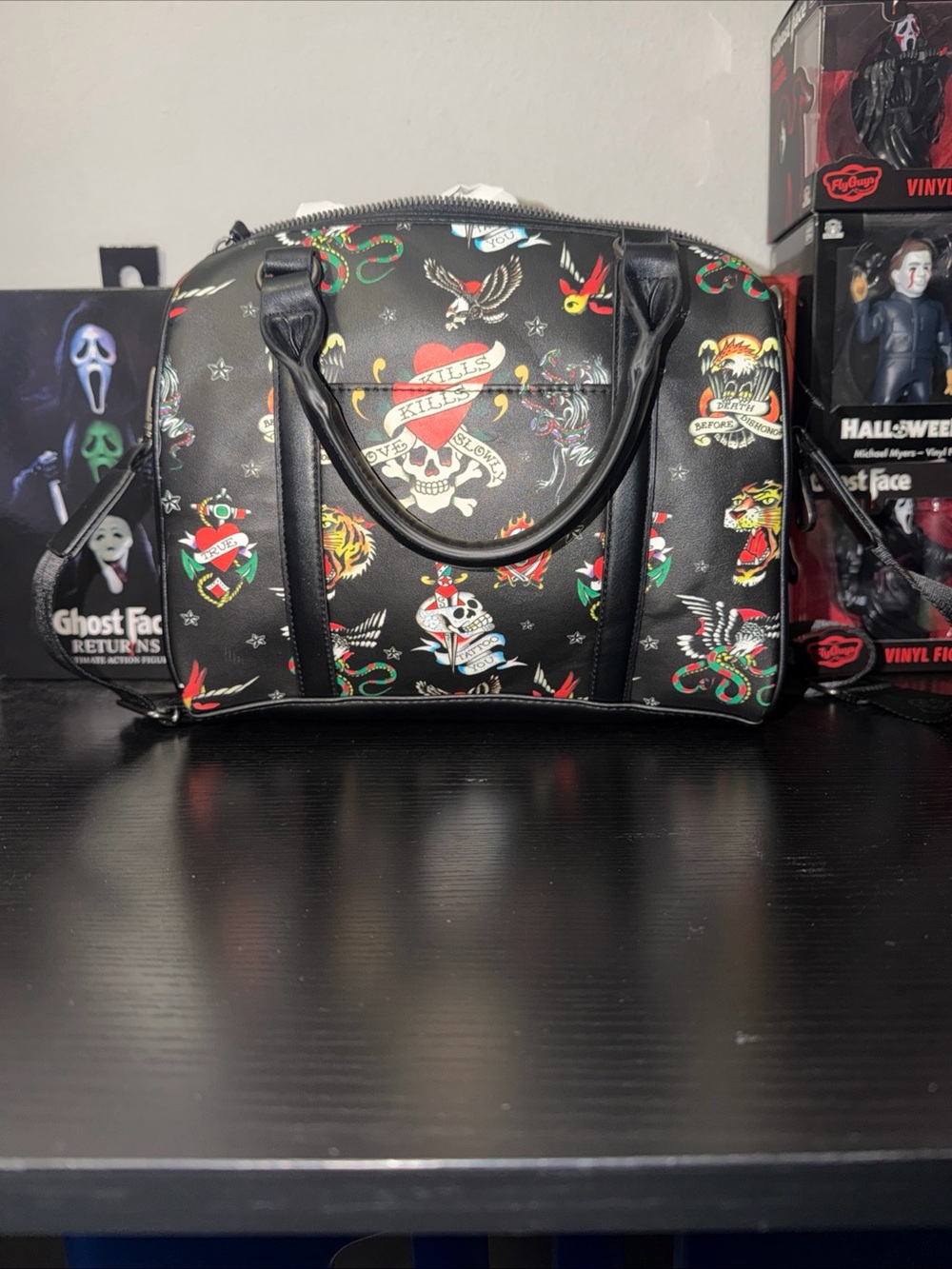 Black Tattoo-Print Duffel Bag - Travel Weekender